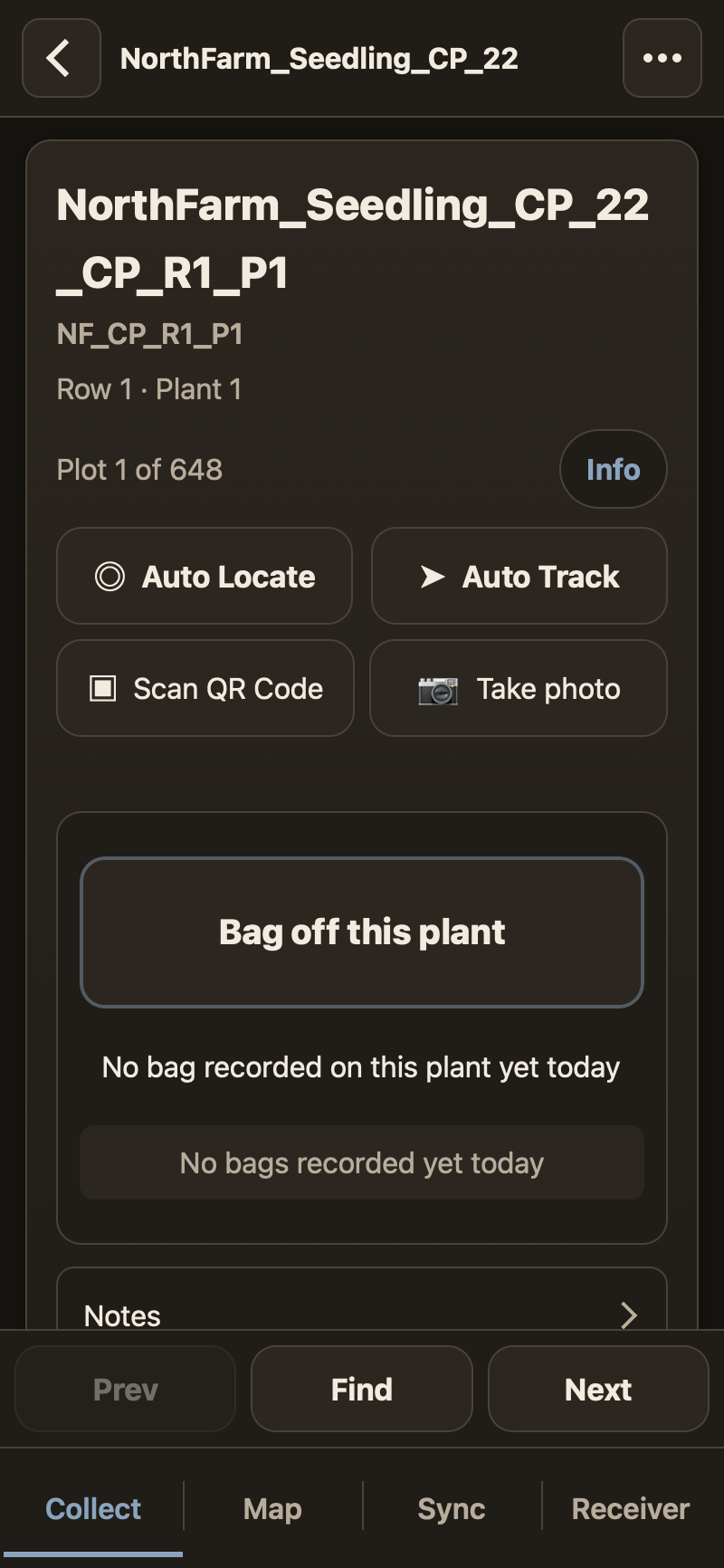 Harvest bags are recorded on the plant card and keyed to the bag's printed label.