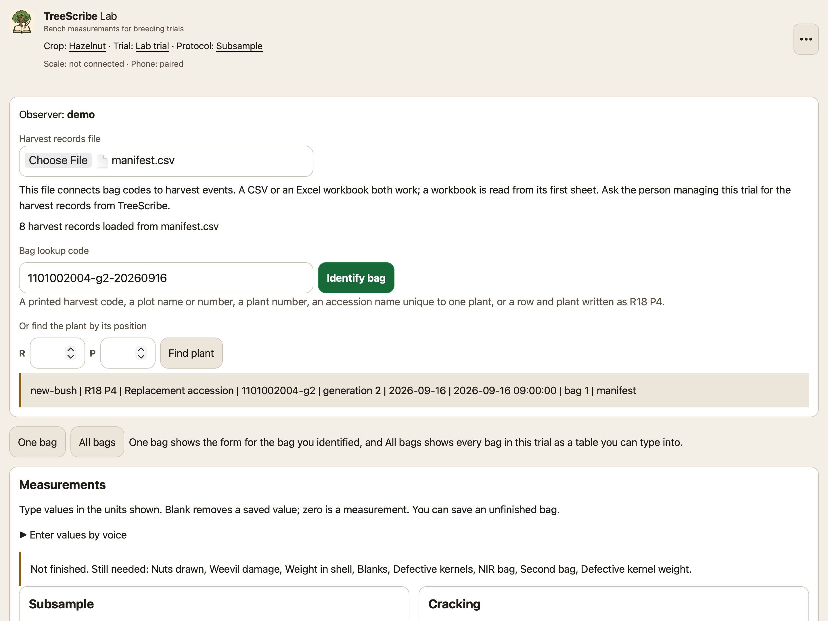 Bench measurements for the same trials: identify a bag by its label and weigh on a connected scale or by typing.
