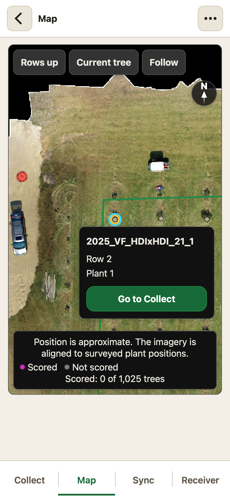 Each plant is drawn on the site's drone image, with the one you are standing at marked and its card one tap away.